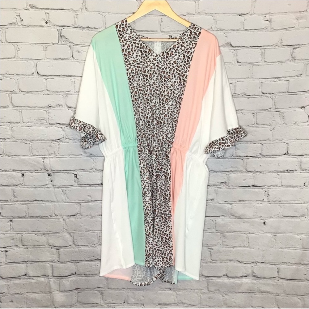 Leopard Colorblock White Pink Green Romper Large NWT
